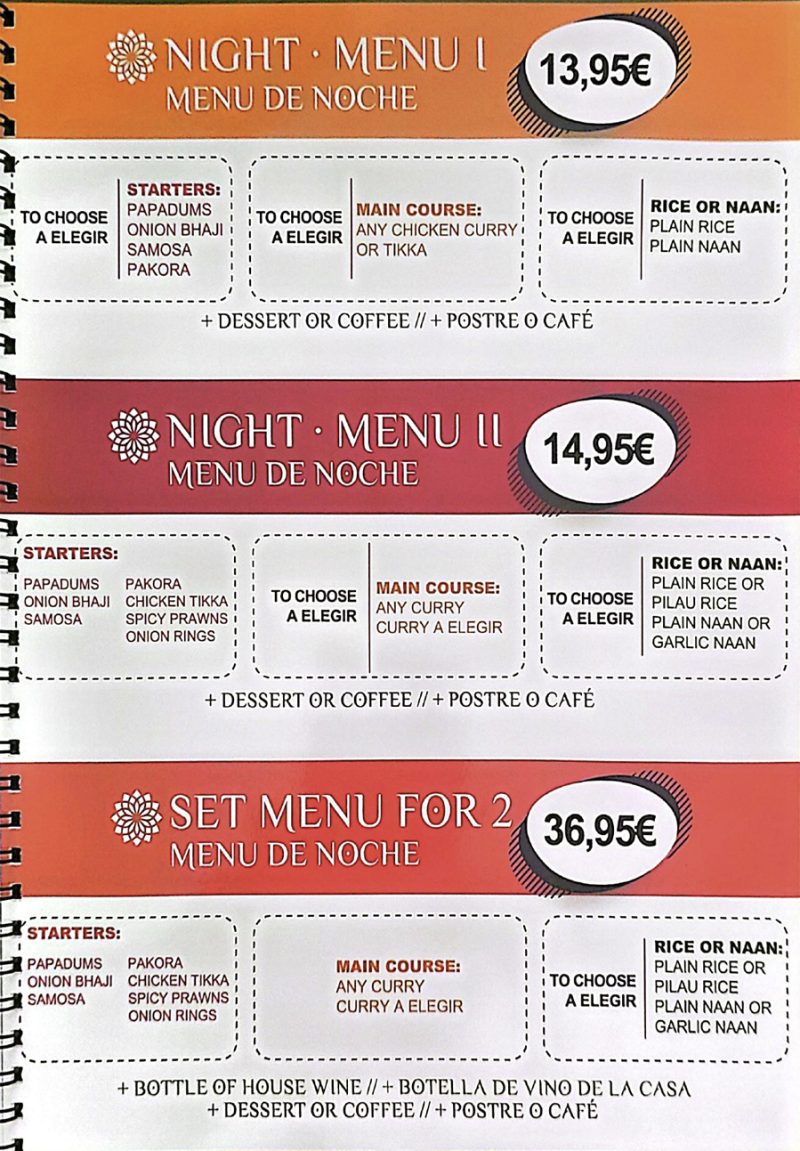 Indian Restaurant Campoverde Night Menu
